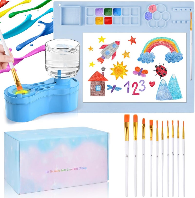 Mikiwon Painting Station, Paint Brush Cleaner and Silicone Art Mat 20"X16" with 10 Paint Brushes, Paint Brush Rinser, Art Supplies Set (Blue) - Image 1